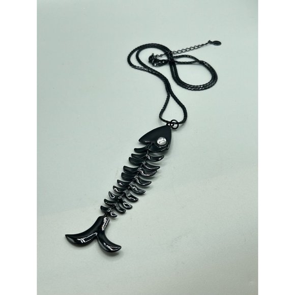 Punk Fun Fish Bone Necklace Black Enamel with Blue Eye Reversible Clear Eye - Picture 5 of 6